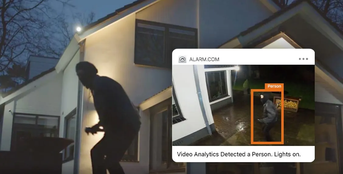 Security camera analytics detecting a person outside a home